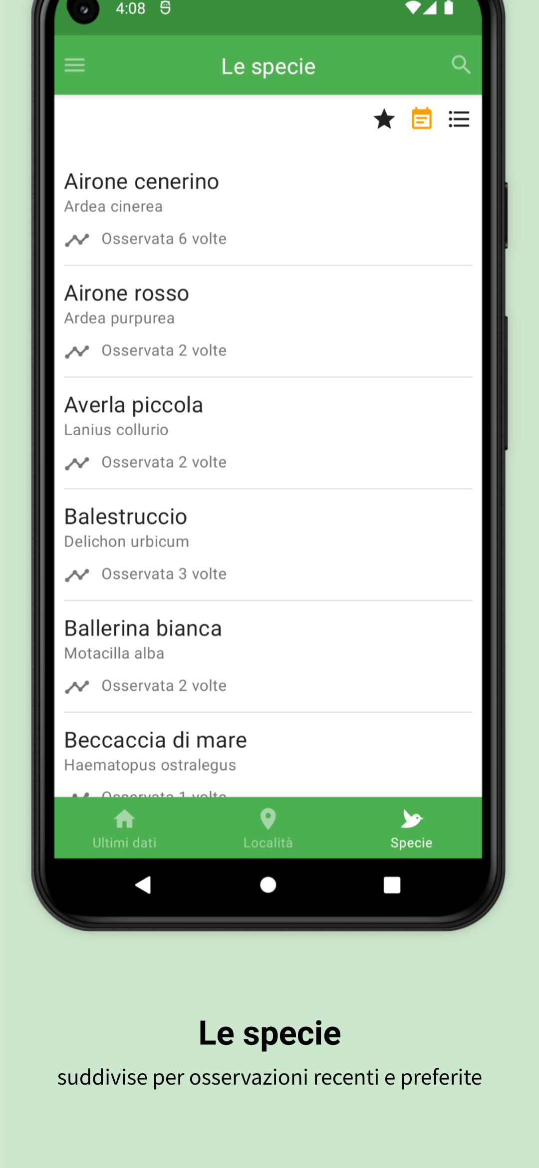 Le specie suddivise per osservazioni recenti e preferite